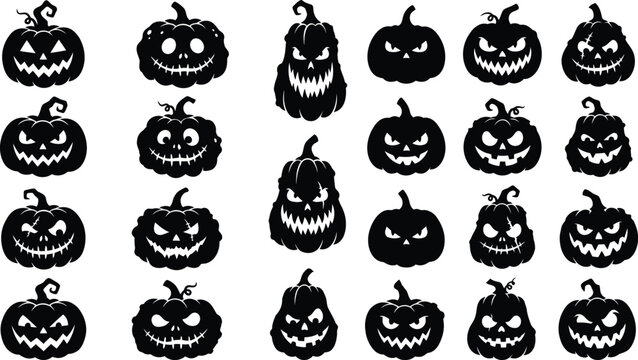 A collection of scary jack o lantern faces as a halloween vector illustration set for seasonal holiday design projects