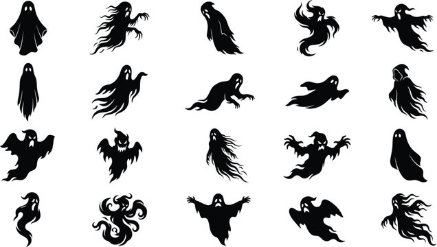 A collection of scary ghost silhouettes for a halloween vector design set featuring various spooky spirits and flying phantoms