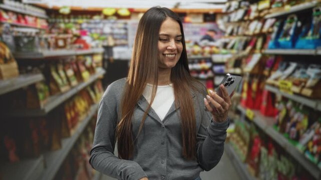 Woman brunette smiling while tapping smartphone screen in building aisle while holding phone in right hand; everyday convenience joy.