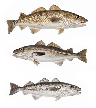 Collection of three fresh raw marine fish: Atlantic Cod, Pollock and Haddock isolated on white background