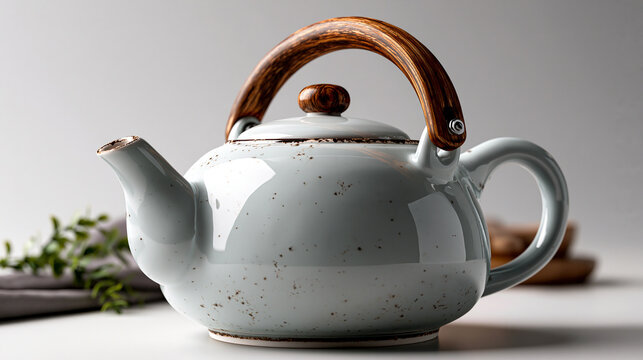 Rustic ceramic teapot with wooden handle on kitchen counter beverage homeware