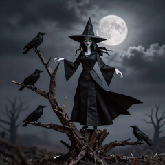 Fototapeta premium Origami Crow Autumn. A Spooky Halloween Witch Hovers Over A Dead Tree, Surrounded By Crow Birds And A Full Moon In The Midst Of Cloudy Skies