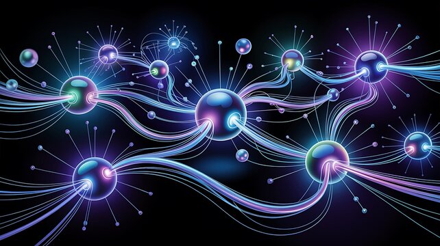 Neural network nodes connect through glowing lines to represent artificial intelligence processing.