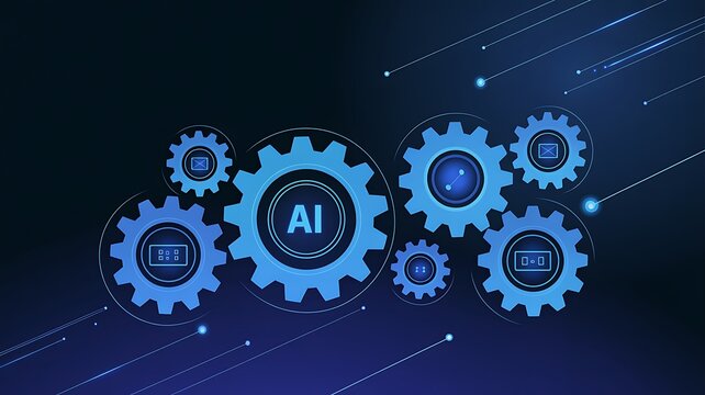 Gears with glowing blue AI labels rotate against a dark background to represent automated machine learning processes.