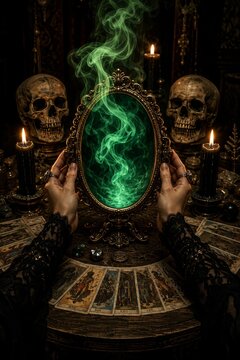 Mysterious gothic ritual surrounded by enigmatic emerald smoke embracing mysticism and spirituality