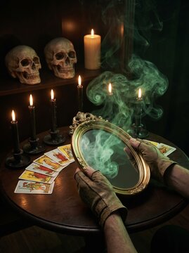 Hands holding a mirror for divination with tarot cards and candles in a mystical setting