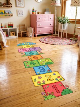 Colorful hopscotch grid on wooden floor in a bright and cheerful playroom setting