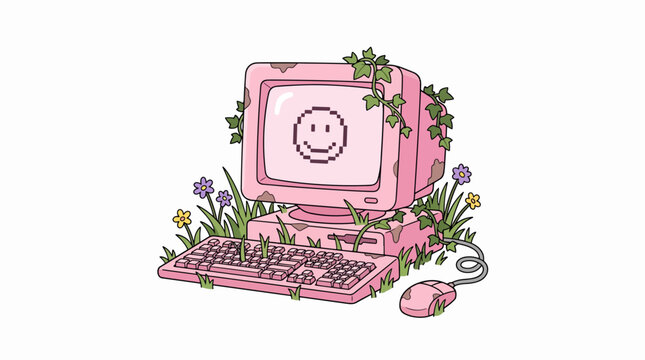 Pink computer with smiley face screen.