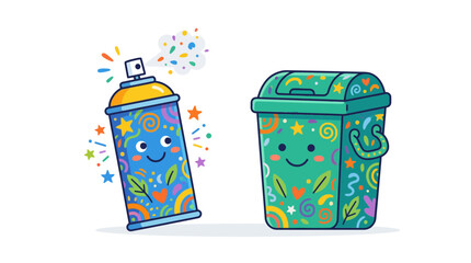 Obraz premium Cute Spray Paint Can and Trash Bin with Happy Faces, Colorful Graffiti Art