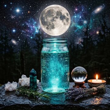 Enchanting jar filled with luminous water illuminated by moonlight in a starry night scene