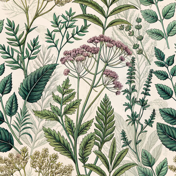 Seamless vintage floral pattern with a background of herbs and leaves, designed for printing on fabric and wrapping paper.