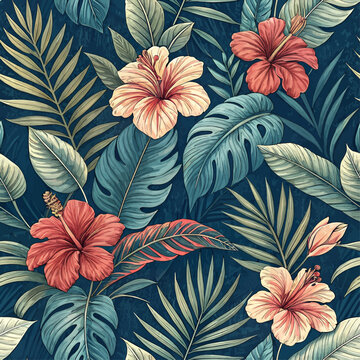 Seamless floral pattern: hibiscus flowers and palm leaves on a dark blue background, ideal for fabric printing.