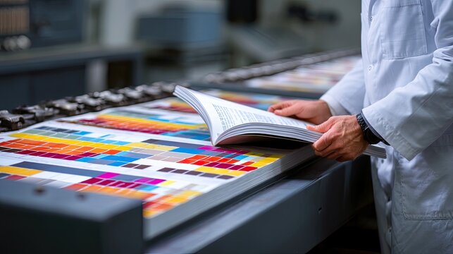 A technician in a white lab coat carefully examines a large color proof sheet on a printing press.