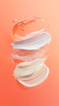 floating cosmetic gel and glossy cream textures with air bubbles in an abstract beauty composition on a warm gradient background, concept of skincare, cosmetic formulation and wellness