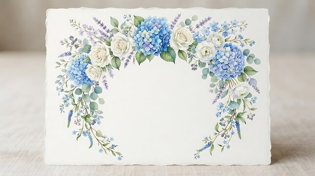 Watercolor floral arch with blue hydrangeas and white roses