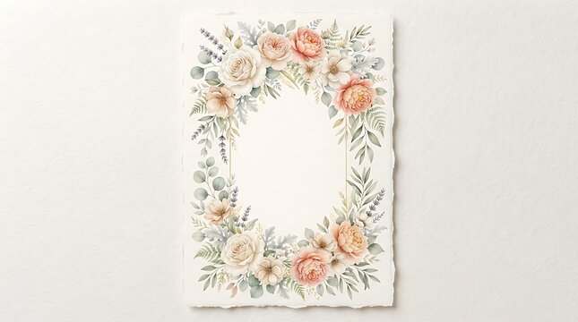 Watercolor floral frame with roses and eucalyptus leaves