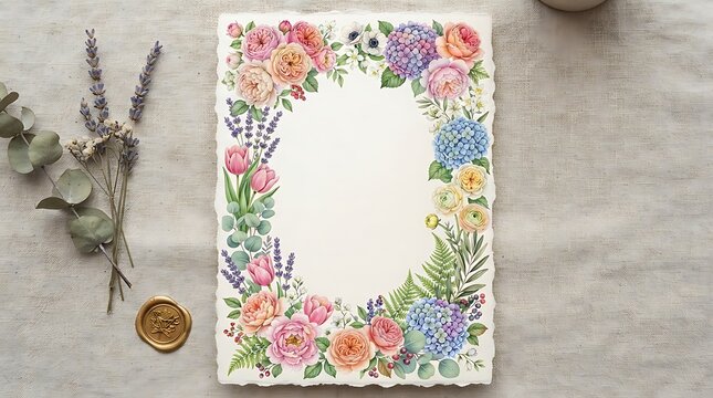 Watercolor floral frame with roses, hydrangeas, and lavender on textured paper