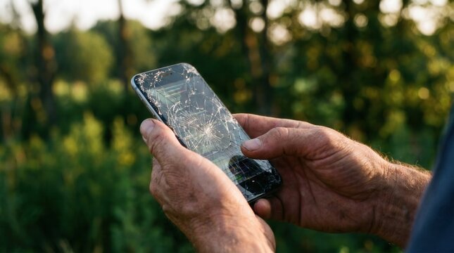 Senior man hands holding broken mobile phone with cracked screen outside