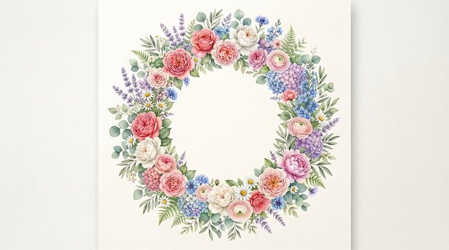 Watercolor floral wreath with pink and white roses isolated on white background