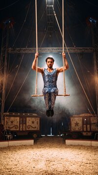 M&auml;nnlicher Trapezk&uuml;nstler in glitzerndem Kost&uuml;m balanciert auf der Trapezstange hoch &uuml;ber der Manege im Zirkuszelt