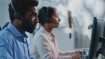 Obraz premium Two busy concentrated multiethnic business colleagues working in call center communicating with clients online consultation in agency. Team diversity businesspeople callcenter operators talking chat