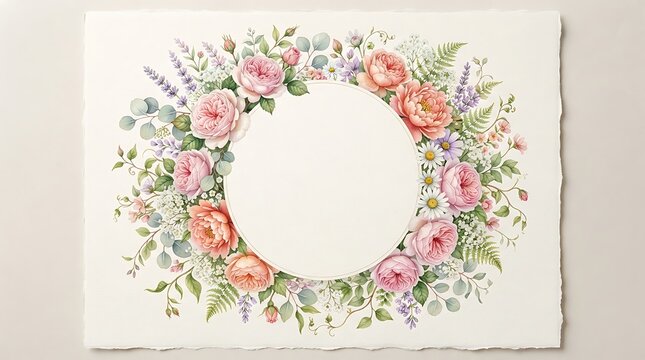 Watercolor floral wreath frame with pink and peach roses