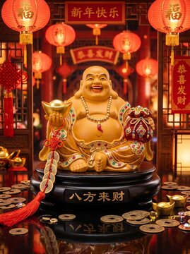 Joyful laughing buddha figurine holding a large golden ingot surrounded by coins and lanterns