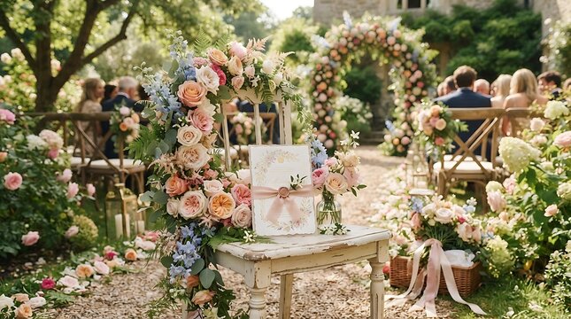 Elegant floral wedding ceremony setup in a lush garden