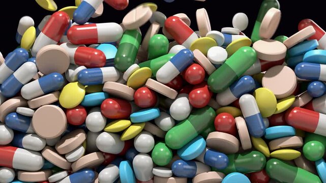 Colorful pills, capsules, and tablets gradually fill the frame, forming a large pile of medicine. After a short pause, the pile pours downward. Transparent background. ProRes 4444.