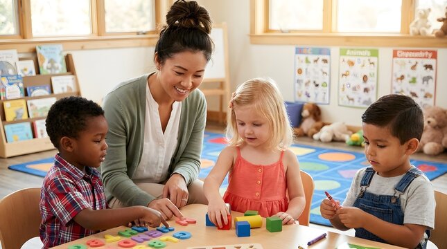 Teacher smiling at preschool children learning with colorful blocks in classroom