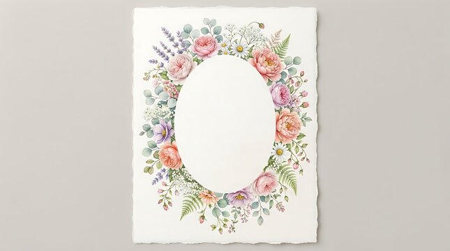 Watercolor floral wreath frame with pastel roses and wildflowers
