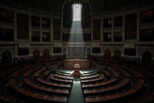 Empty parliamentary chamber with a central podium illuminated by a single beam.