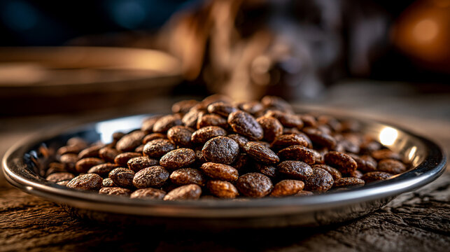 Roasted coffee beans piled on a metallic tray ready for grinding and brewing