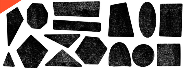 Plakat Grunge geometric shapes with rough ink and linocut grain texture. Dark grunge shape set with brush frame including triangle, diamond, arch and oval. Hand drawn vector elements for sticker and tag