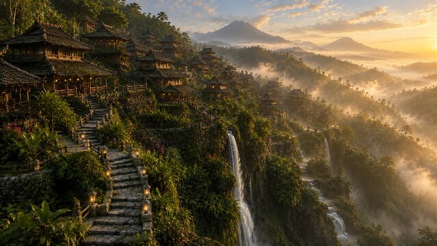 Historic cliffside city above rainforest waterfalls, timber homes linked by stone stairs, misty volcano sunrise, lush tropical valley, cinematic heritage landscape, tranquil atmosphere.