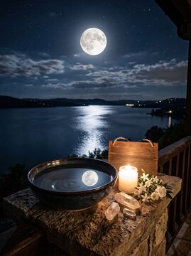Serene nighttime water ritual arrangement featuring crystals and a candle by a peaceful lake