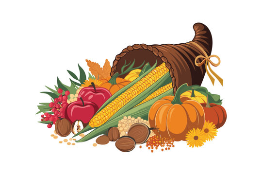 Thanksgiving cornucopia vector illustration featuring autumn harvest pumpkins yellow corn cobs red apples and fallen leaves on a white background