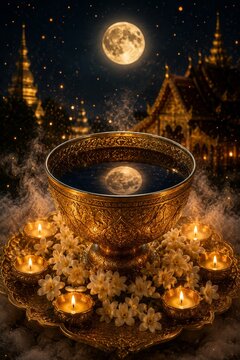 Enchanting moonlit ritual featuring a golden bowl surrounded by candles and flowers