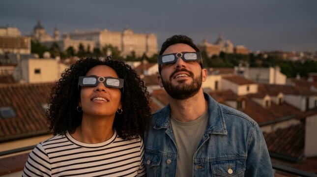 Couple wearing solar eclipse glasses watching the sun.