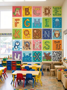 Colorful alphabet wall in a preschool classroom with playful learning environment
