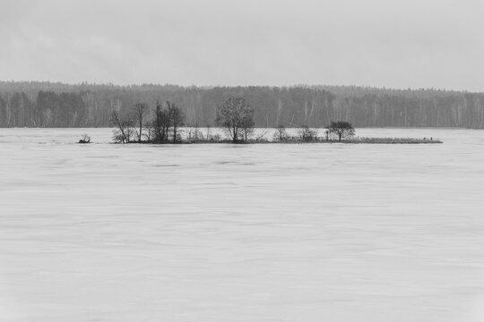 Minimalist Black and White Landscape With Frozen Lake and Forest Island in Wet Snow Storm