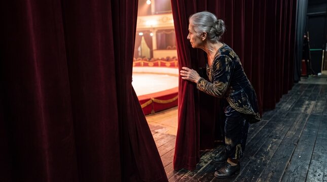 &Auml;ltere Zirkusartistin sp&auml;ht hinter den Kulissen durch einen roten Samtvorhang in die leere Manege