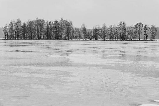 Minimalist Black and White Panoramic Landscape With Frozen Lake and Distant Forest Line