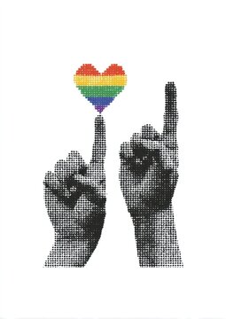 Pixelated hands celebrate love.