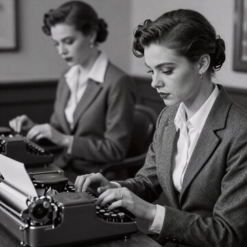 Black And White Ink Typewriter Hair. Hipster Secretary-Type On A Vintage Typewriter
