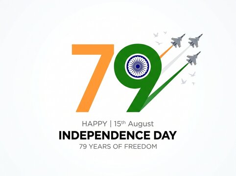 79th Indian Independence Day celebration graphic with tricolor number 79, Ashoka Chakra, fighter jets, and flying birds on white background.
