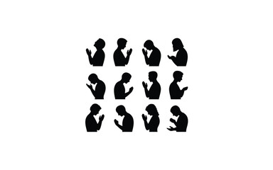 Fototapeta premium Set of black silhouettes of people in various prayer positions with different prayer contemplative contemplative stances arranged collection twelve black arranged three rows silhouettes with icon set