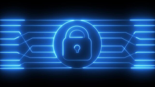 Neon glowing Padlock and security Graphics on black Background. High tech glowing green padlock with circuit graphics, showcasing secure systems and cyber protection 4k video.
