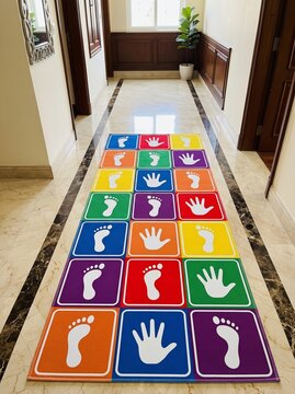Vibrant sensory pathway mat designed for kids placed on stylish marble flooring
