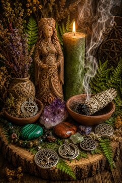 Tranquil altar showcasing spiritual elements including candles crystals and incense